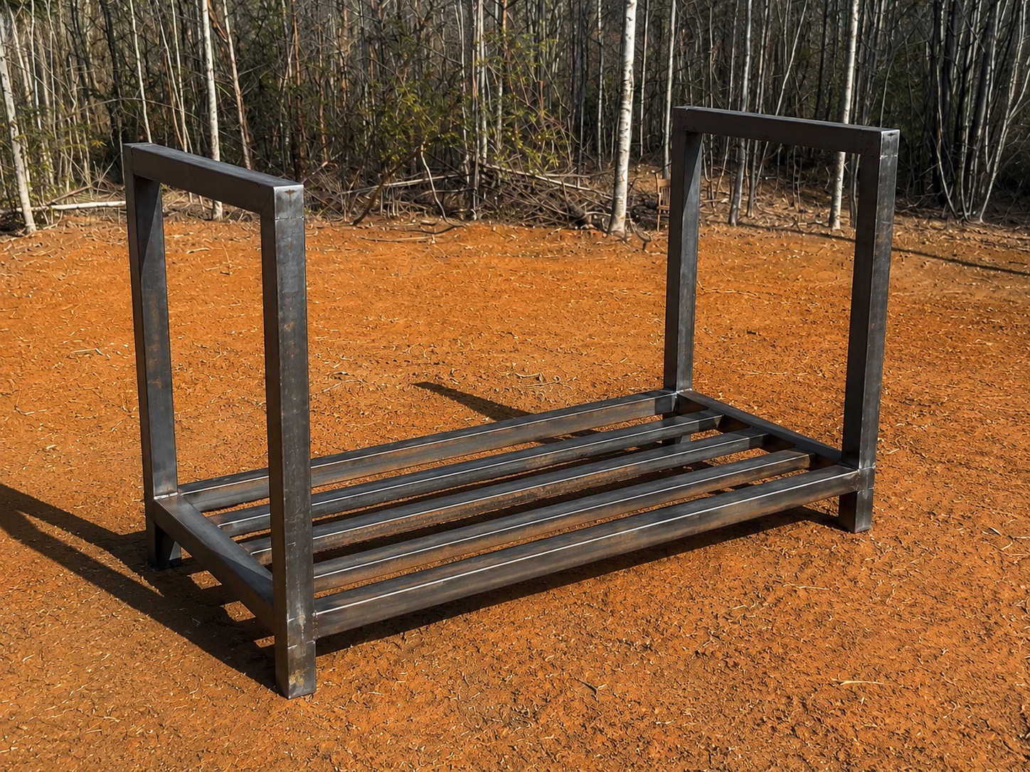 Raw steel firewood rack before finishing fabricated by Valor Outdoor Design & Build