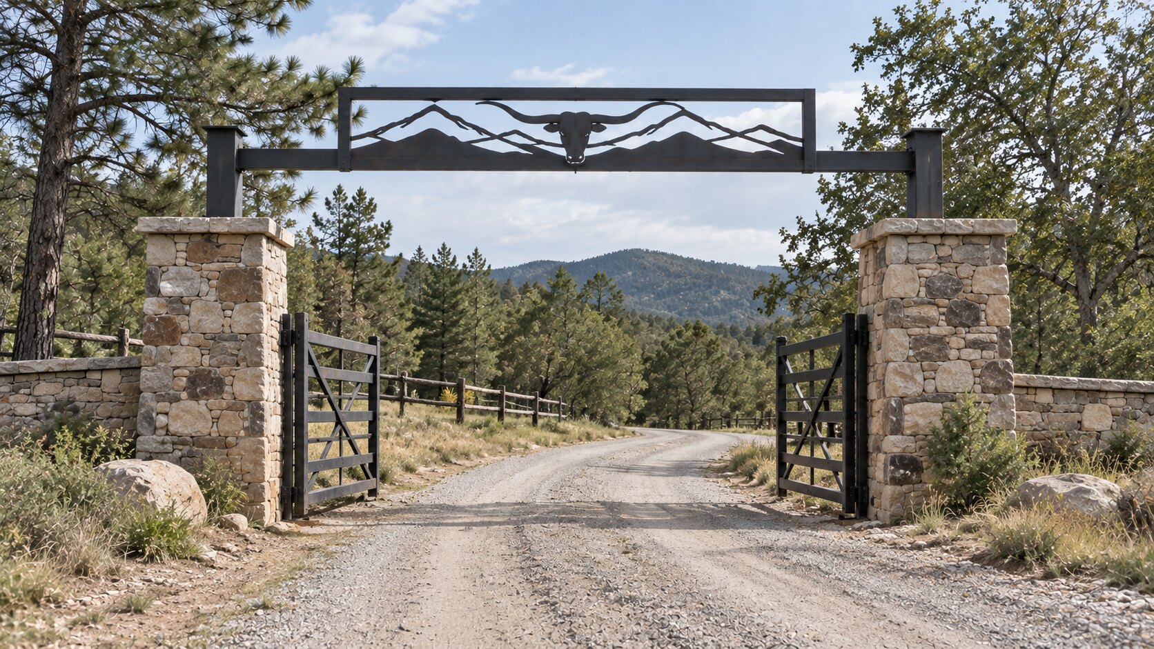 Custom ranch entrance with steel gates, stone columns and overhead ranch emblem