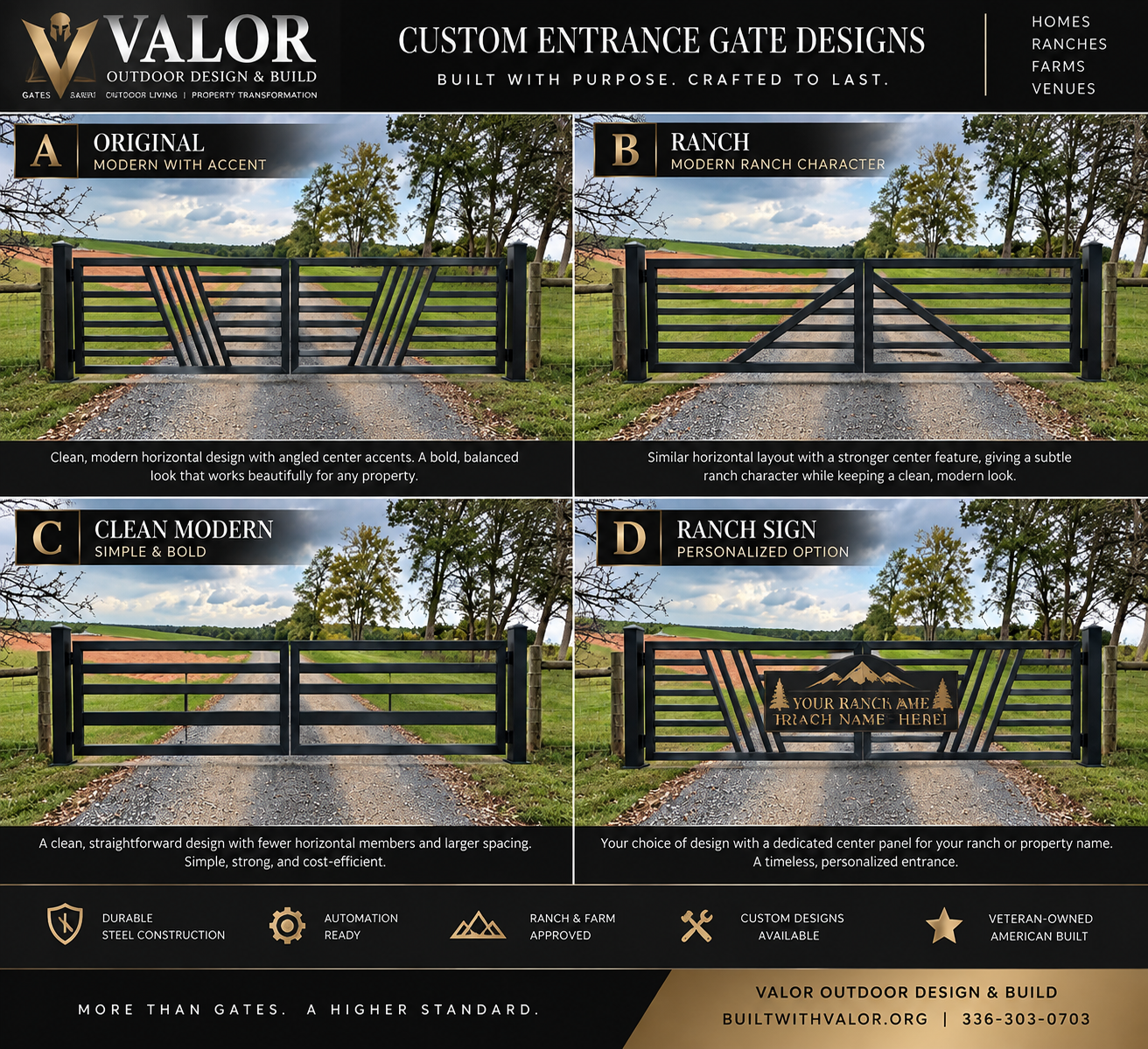 Four illustrated ranch gate designs: original angled accents, ranch cross bracing, clean modern horizontal rails, and personalized ranch sign