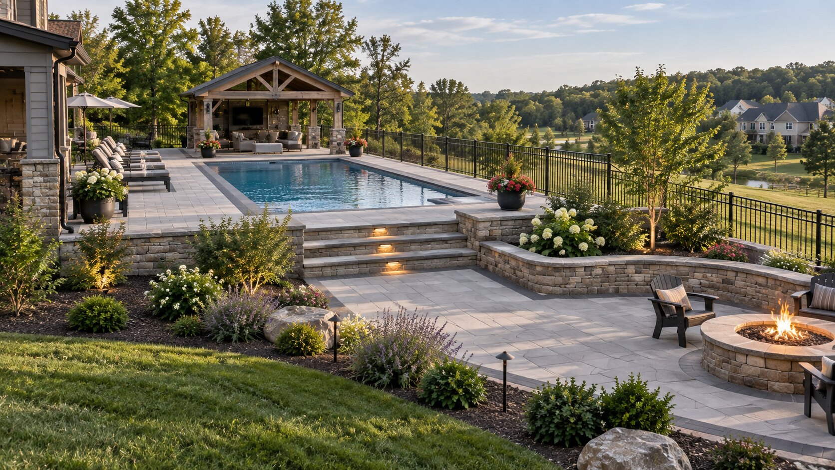 Residential pool, pavilion, stonework and outdoor gathering space