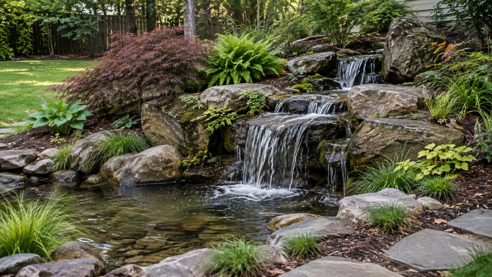 Natural stone waterfall and landscaped pond