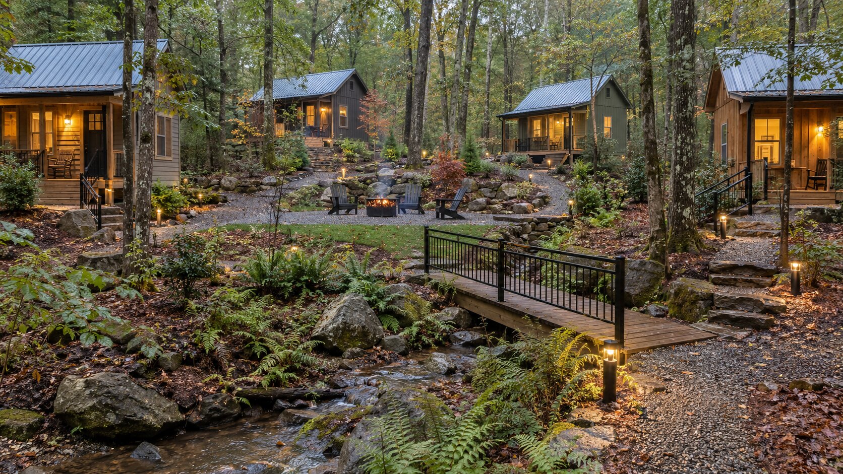 Woodland retreat with cabins, paths, bridge and gathering area